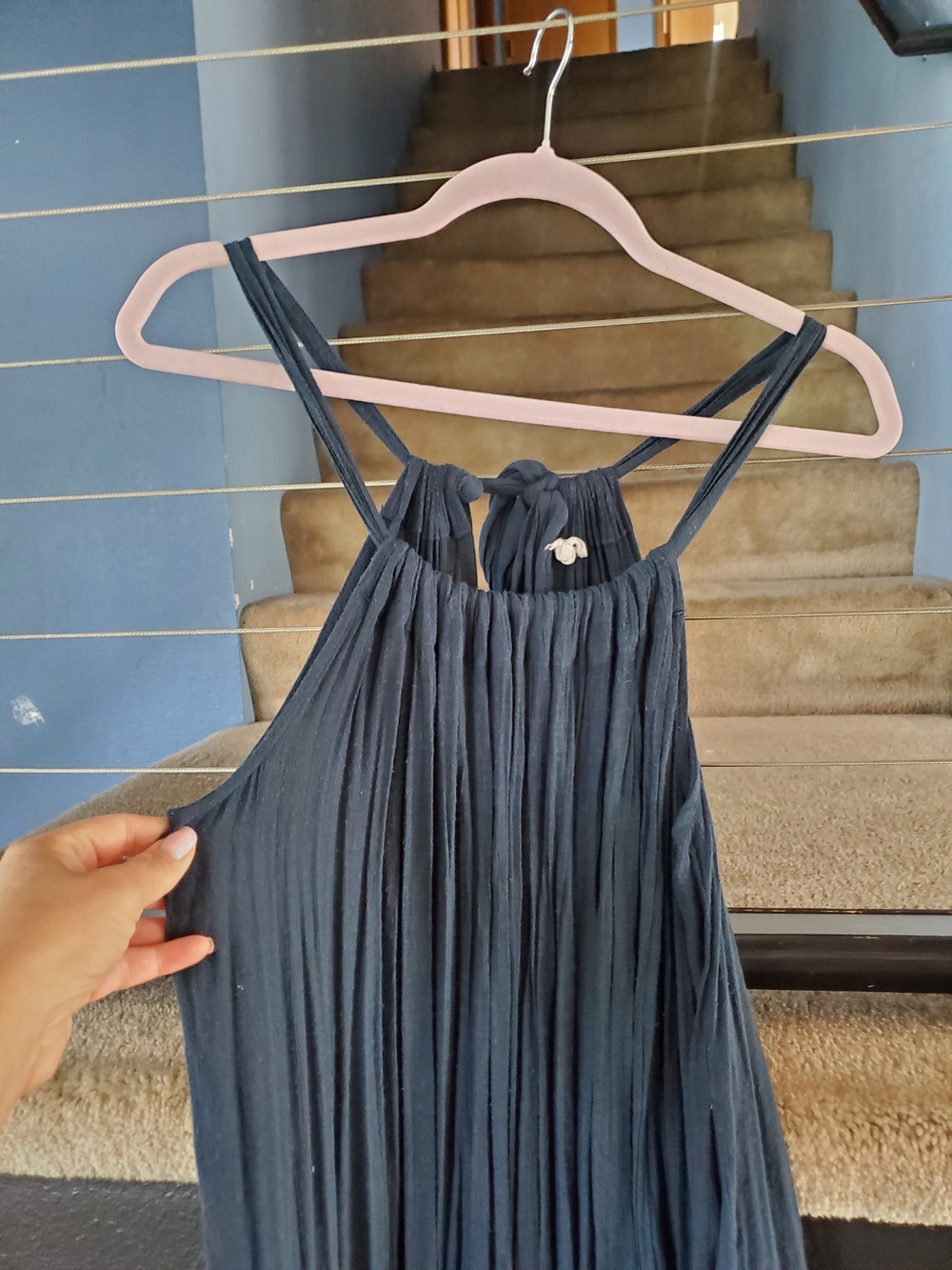 easel Slate Blue Crinkle Tiered Midi Dress - Picture 4 of 7